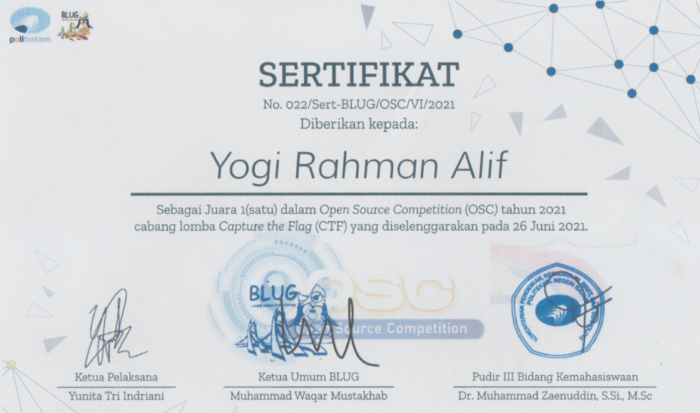 Gambar juara CTF di Politeknik Negeri Batam tahun 2021